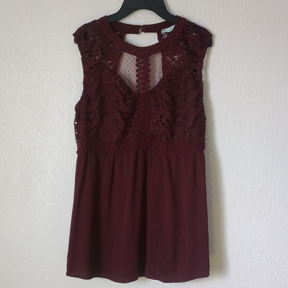 Maurices Burgundy Sleeveless Tank Top with Embroidered Mesh and Crochet